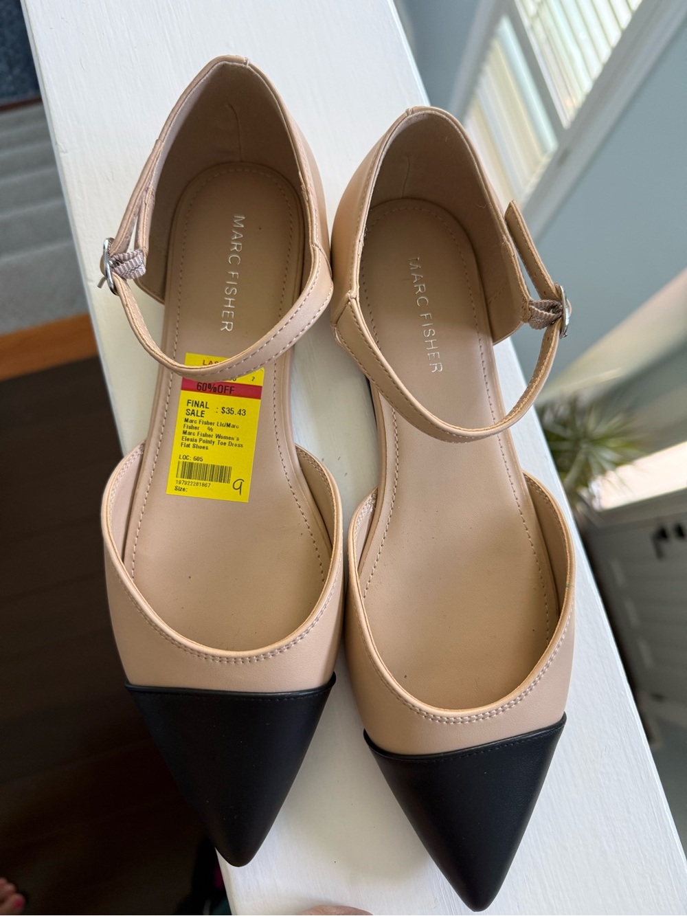 Marc Fisher Nude and Black Pointed Toe Ankle-Strap Flats